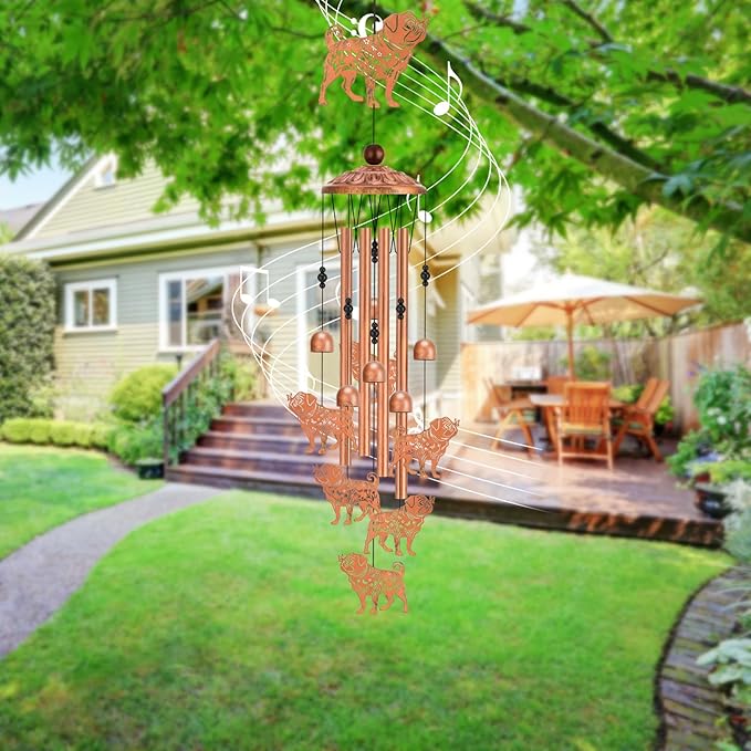 Pug Wind Chimes for Outside Metal Windchimes Pug Gifts for Women Men Garden Decor for Patio Yard Memorial for Dog Lovers