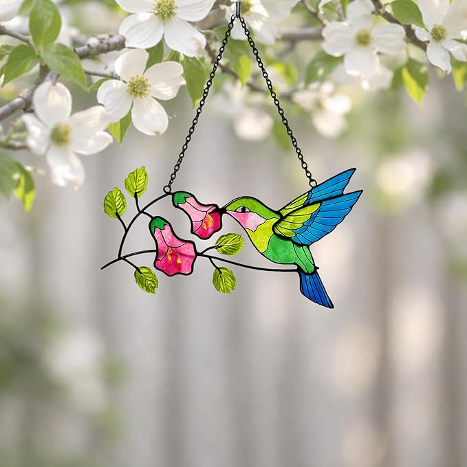 Hummingbird Stained Glass Suncatcher, Handmade Colorful Window Hanging Sun Catcher Ornament for Home & Garden Decor, Great Gift Idea for Bird Lovers & Mom