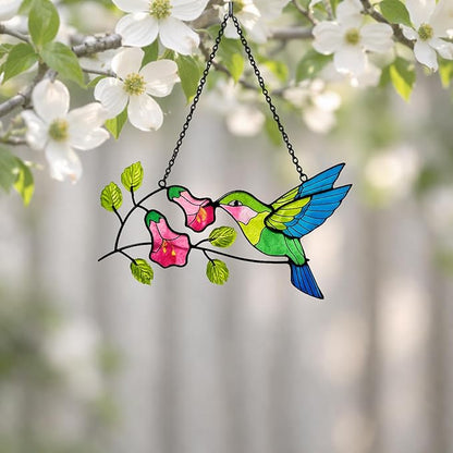 Hummingbird Stained Glass Suncatcher, Handmade Colorful Window Hanging Sun Catcher Ornament for Home & Garden Decor, Great Gift Idea for Bird Lovers & Mom