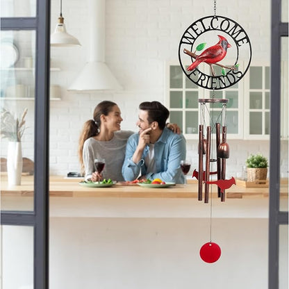 CoTa Global Welcome Friends Red Cardinal Wind Chime - Handmade Metal Hanging Decor, Red Bird Garden Ornament with Copper Tubes, Indoor Outdoor Porch Patio Yard Decoration - 31 Inches
