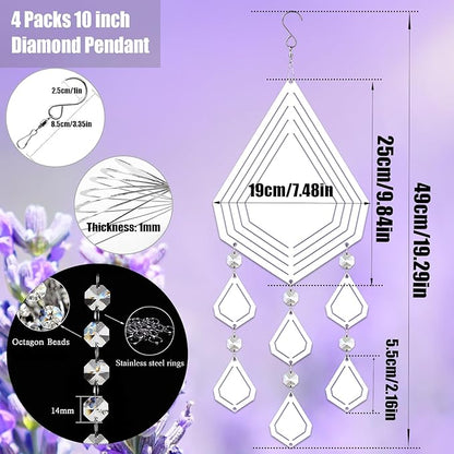 4Pack 10inch Sublimation Wind Spinner Blanks 3D Aluminum Metal Wind Sculpture Kinetic Spinners for Yard and Garden Indoor Art Ornaments Hanging Decoration (Diamond Pendant)