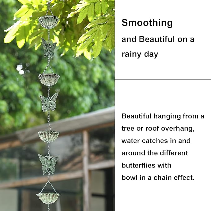 8.5 Ft Rain Chain for Gutters Downspouts, Cups with Butterfly, Distressed Blue……