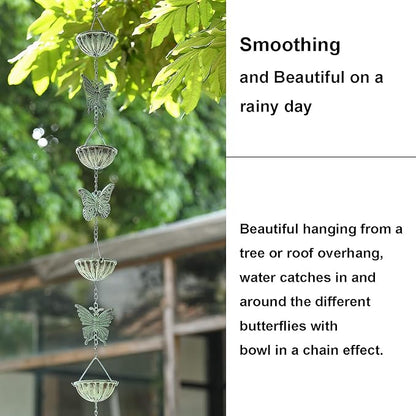 8.5 Ft Rain Chain for Gutters Downspouts, Cups with Butterfly, Distressed Blue……