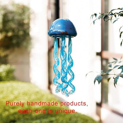 Handblown Art Glass Jellyfish Wind Chime,Glass Jellyfish Hanging Sun Catcher Wind Chime,Wind Chimes for Outside,Sea Glass Blown Wind Chimes for Beach Party,Wedding Decor(Aqua Blue)