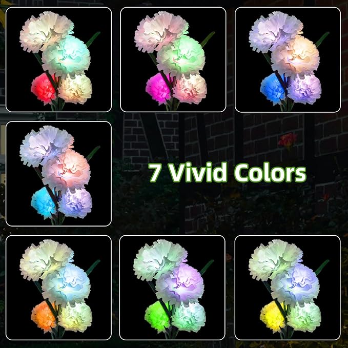 Solar Flowers Lights - Solar Garden Lights Outdoor Waterproof Carnations, 40 Hours Color Changing Solar Powered Outside Decor for Yard Patio Pathway Lawn, Gifts for Mom, 2pcs