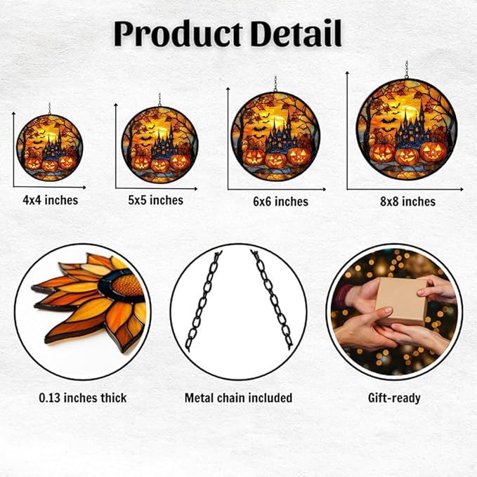 Gothic Halloween Castle Acrylic Suncatcher Stained Glass Effect Window Car Hanging Christmas Ornament Indoor Outdoor Decor Garden Sun Catcher Panel for Halloween Lover for Women Mom Grandma