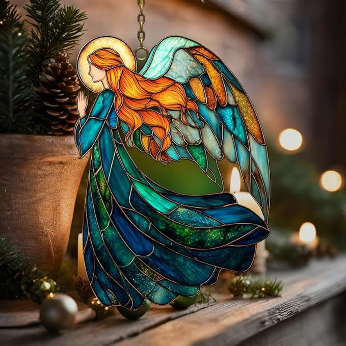 Vivid Angel Mosaic Art Acrylic Suncatcher Stained Glass Effect Window Car Hanging Christmas Ornament Indoor Outdoor Decor Garden Sun Catcher Panel for Butterfly Lover for Women Mom Grandma