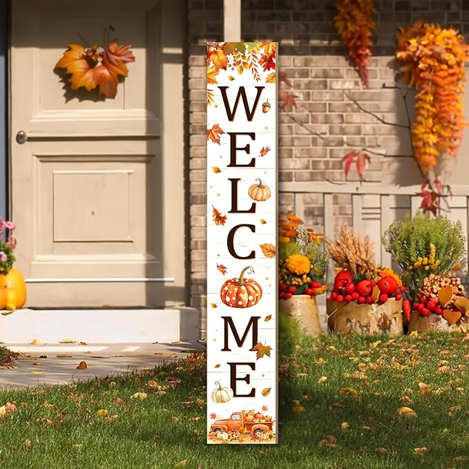 Thanksgiving Porch Sign, Fall Pumpkin Welcome Sign for Front Door, Autumn Truck Decor Yard Sign Thanksgiving Fall Standing Wood Signs Door Signs Indoor Outdoor Vertical Signs for Patio