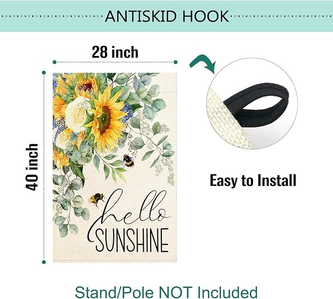 Baccessor Hello Sunshine Spring House Flag Sunflower Bee Eucalyptus Leaves Yard Flag 28 X 40 Inch Double Sided Burlap Large Spring Summer Flag for Outside Decor