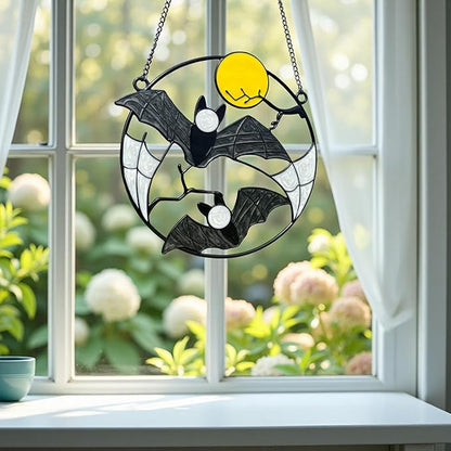 Stained Enamel and Metal Bat Moon Suncatcher Window Panel Wall Hanging Ornaments Halloween Horror Home Decorations