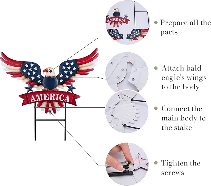 TERESA'S COLLECTIONS 4th of July Decorations for Outdoor, Patriotic Memorial Day Garden Decor, Eagle Metal Yard Art Sign for Outside, Americana Garden Stake for Lawn, Independence Day Gifts, 26.7''