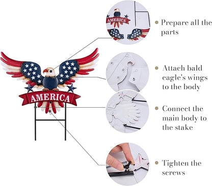 TERESA'S COLLECTIONS 4th of July Decorations for Outdoor, Patriotic Memorial Day Garden Decor, Eagle Metal Yard Art Sign for Outside, Americana Garden Stake for Lawn, Independence Day Gifts, 26.7''