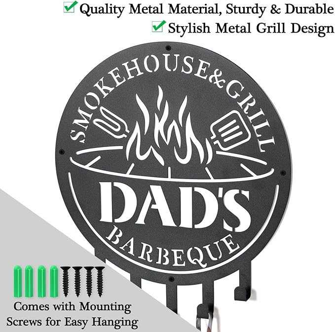 Qmetalart Metal BBQ Sign with Utensil Hangers Smokehouse Wall Art for Outdoor Grill Area Patio Backyard Decor Barbecue Grill Gift for Dad, Grandpa, Papa - Father’s Day Gift