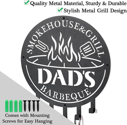 Qmetalart Metal BBQ Sign with Utensil Hangers Smokehouse Wall Art for Outdoor Grill Area Patio Backyard Decor Barbecue Grill Gift for Dad, Grandpa, Papa - Father’s Day Gift