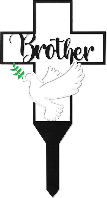 BUoonyer Garden Stake Graves Cemetery Decorations, Brother Metal Memorial Grave Markers, Cross Graveyard Commemorative Plaque for Boy, Dove Remembrance Sympathy Graveside Decor Sign for Outdoor Yard