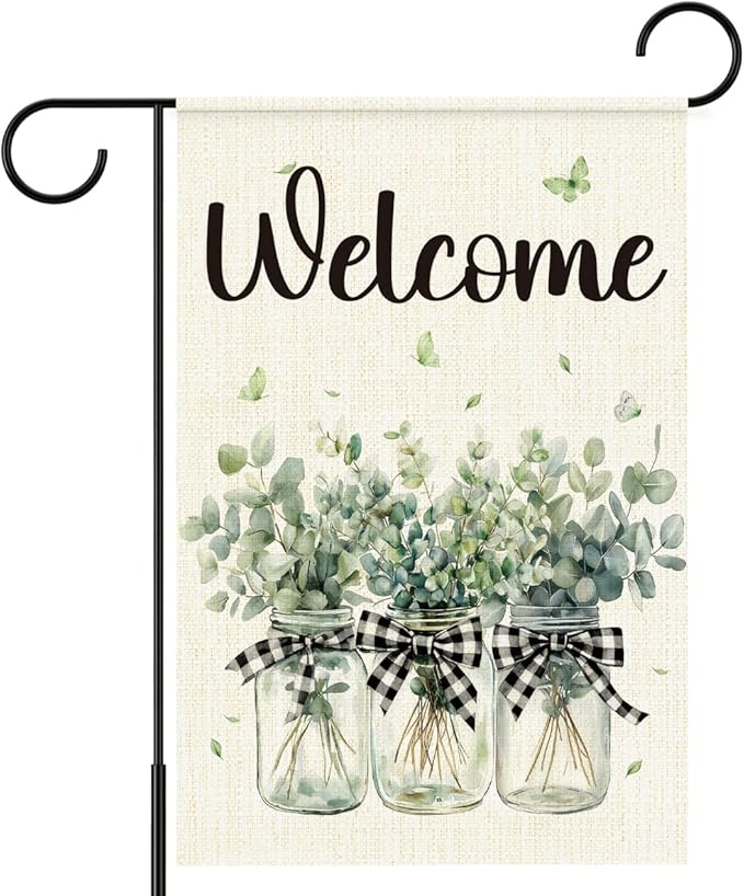 Welcome Garden Flags for Outside,Eucalyptus Mason Jar Spring Yard Flag for Lawn Porch Outdoor Decorations 12x18 Inch Double Sided
