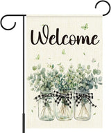 Welcome Garden Flags for Outside,Eucalyptus Mason Jar Spring Yard Flag for Lawn Porch Outdoor Decorations 12x18 Inch Double Sided