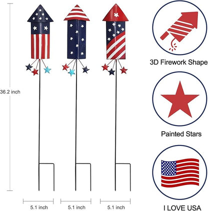 hogardeck 4th of July Decorations Outdoor, 36” Set of 3 Metal Firework Decorative Garden Stakes for Fourth of July Decorations, Patriotic Yard Firecracker Signs for Garden Memorial Day Decorations