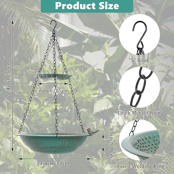 13 inch Rain Chain Basin, Metal Rain Chains Anchoring Bowl Dish, DIY Rain Chain Basin for Gutter Downspout, 2 Layer Hanging Birdbath for Outdoor Garden Patio Decor