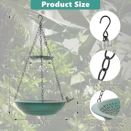 13 inch Rain Chain Basin, Metal Rain Chains Anchoring Bowl Dish, DIY Rain Chain Basin for Gutter Downspout, 2 Layer Hanging Birdbath for Outdoor Garden Patio Decor