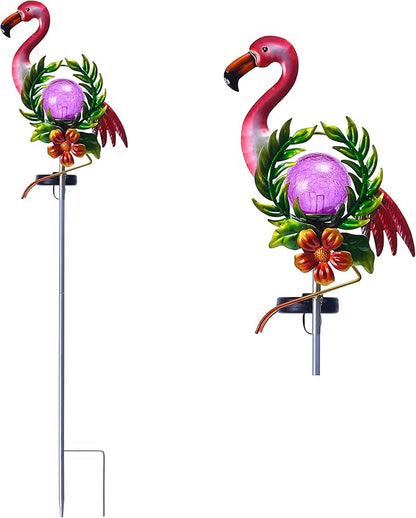 Solar Globe Lights for Garden Decoration,40.9 Inch Flamingo Front Porch Decor with Cracked Glass Puck Light for Outside Patio Pathway Yard Decoration