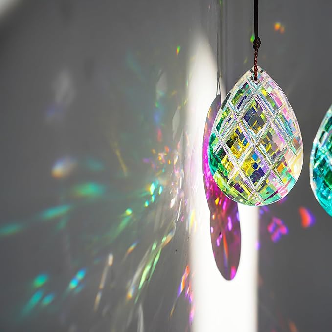 HDCRYSTALGIFTS Set 2 Crystal Sun Catcher Prisms Pendant for Window Hanging Decor,3inch AB Colored Crystal Suncatchers Rainbow Maker Light Catcher for Home Indoor Garden Christmas Tree Ornament