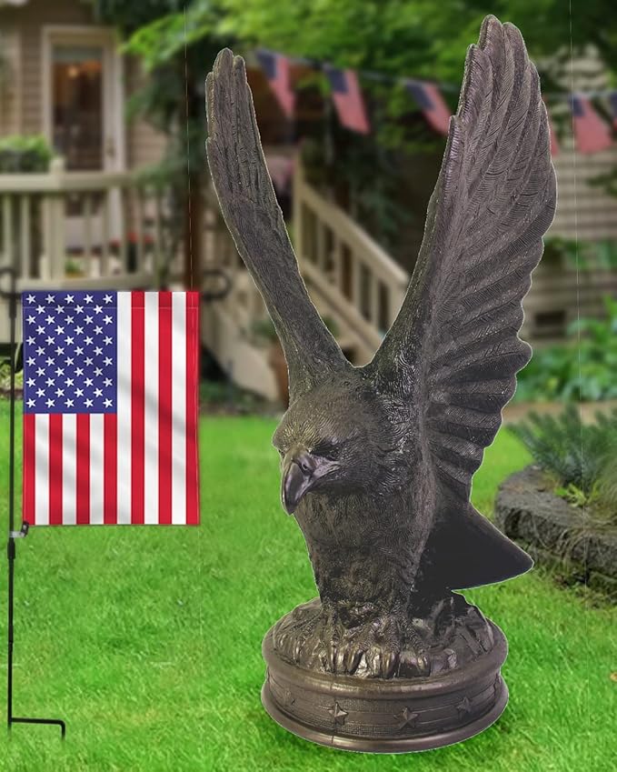 EMSCO Group Freedom Eagle Statue 32in Outdoor Garden Decor Sculpture, Natural Bronze Finish, Weather-Resistant Resin, Patriotic