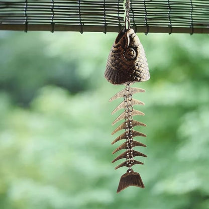 Metal Fishbone Wind Chimes Outdoor Garden Hanging Bell Decoration in Rustic Style Iron Construction 30 cm Size for Patio Yard Balcony