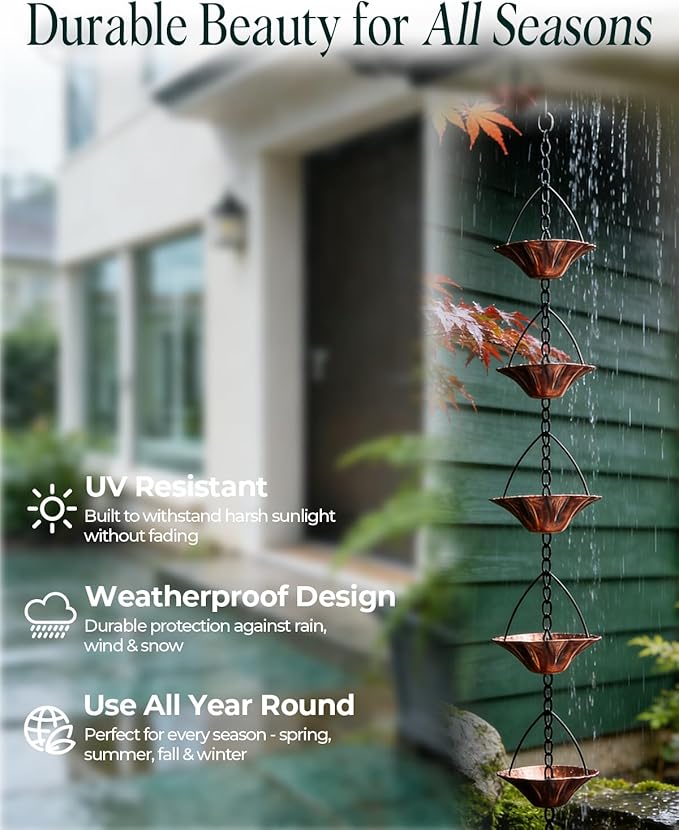 2Items 8.5FT Outdoor Rain Chain with 12 Lotus Cups & Bell, Decorative Rain Chains for Downspouts, Adjustable Gutter Drainage Replacement for Eaves, Easy Installation Water Catcher Chain