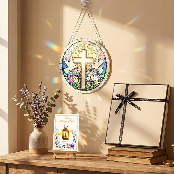 Shihanee 4 Pcs Christian Cross Suncatcher for Window Hanging with Blessing Card Gift Box Hook Acrylic Cross Pigeon Sun Catcher Religious Faith Gifts for Home Window Garden Memorial Decor
