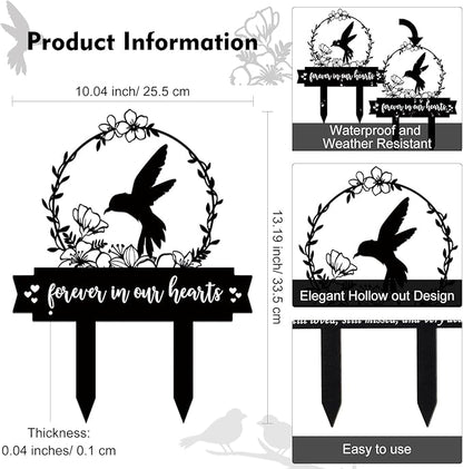 Geelin Memorial Stakes Cemetery Decorations for Grave Hummingbird Grave Marker Memorial Plaques Bird Flower Gift for Loss of Mother Father Outdoors Yard Garden Decor(Forever Our Hearts)