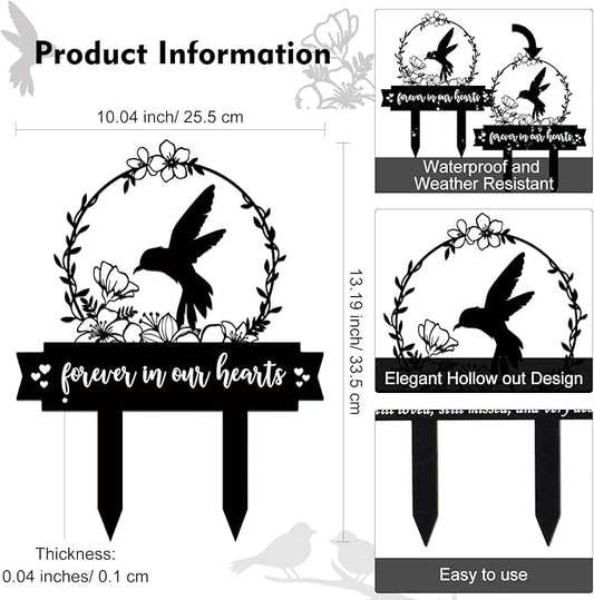 Geelin Memorial Stakes Cemetery Decorations for Grave Hummingbird Grave Marker Memorial Plaques Bird Flower Gift for Loss of Mother Father Outdoors Yard Garden Decor(Forever Our Hearts)