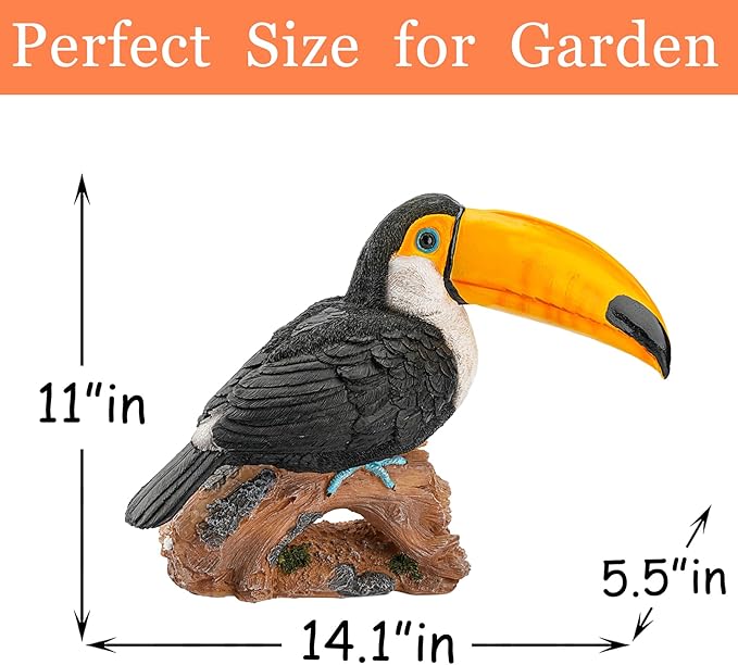 14.2" Real Toucan Statue,Colorful Outdoor Bird Decor Sculpture - Bird Outdoor Animal Ornament, Tropical Tiki Bar Decor, Waterproof & Weather-Resistant, Perfect for Garden, Patio, Yard (Red)