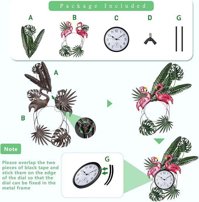 Outdoor Clock Silent Non-Ticking, Flamingo Outdoor Wall Clock and Thermometer Combo, Outside Clock Metal Wall Art Decor for Patio, Garden, Home Decor