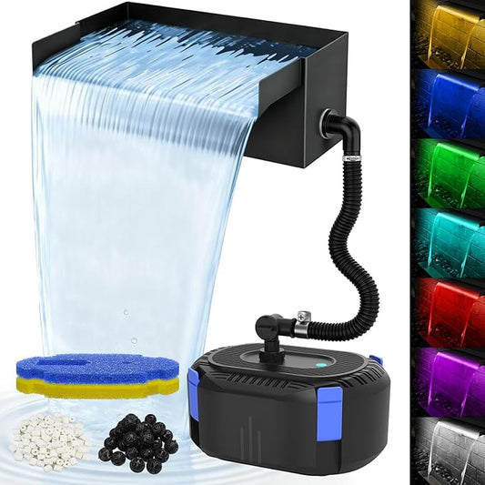 AquaMiracle Pond Waterfall Kit with Lights | 8" Stainless Steel Waterfall Spillway & 550GPH Water Pump | 4-Stage Filtration | Remote Control LED | for Pond, Pool, Backyard | for 200-500 Gal Water
