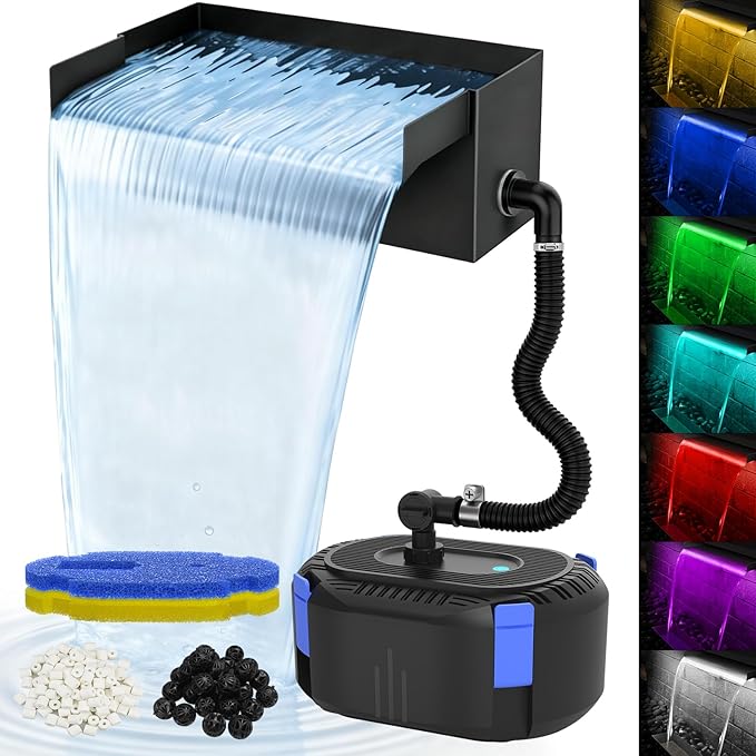 AquaMiracle Pond Waterfall Kit with Lights | 12" Stainless Steel Waterfall Spillway & 850GPH Water Pump | 4-Stage Filtration | Remote Control LED | for Pond, Pool, Backyard | for 500-750 Gal Water
