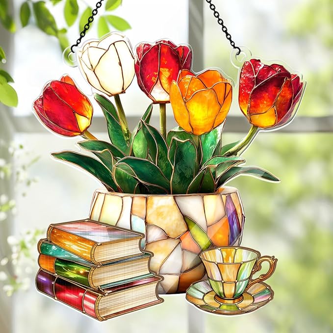 Jesuspirit - Window Hanging Suncatcher – Crystal Clear Acrylic & Wood Sun Catcher for Home Decor, for Women (Nostalgic Tulips, Books, and Tea -, 6 Inches)