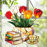 Jesuspirit - Window Hanging Suncatcher – Crystal Clear Acrylic & Wood Sun Catcher for Home Decor, for Women (Nostalgic Tulips, Books, and Tea -, 8 Inches)