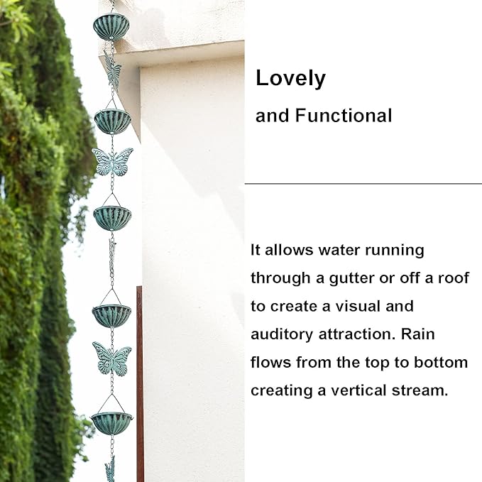 8.5 Ft Rain Chain for Gutters Downspouts, Cups with Butterfly, Distressed Blue……