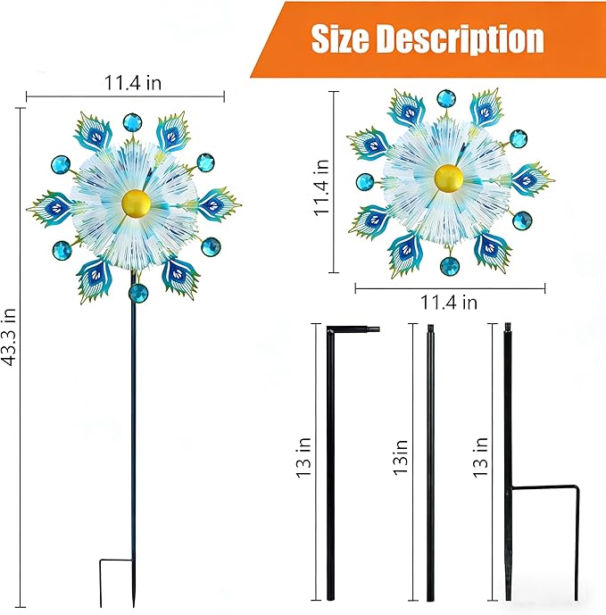 46" Peacock Feather Solar Wind Spinners Led Garden Wind Spinner, Sapphire Kinetic Windmill Wind Spinner Outdoor Decor, Wind Sculpture for Patio, Lawn & Garden