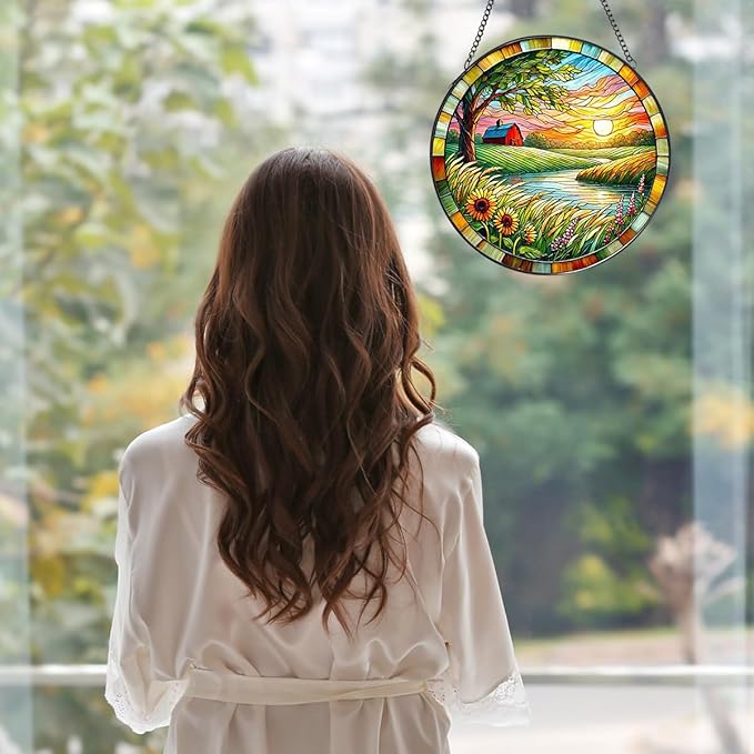 Lake Stained Glass Window Hanging, 7.87 Inch Handmade Plant Sun Catchers with Hook, Wall Art Decor Panel for Indoor Windows, Garden,Gift for Mother’s Day, Housewarming