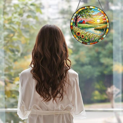 Lake Stained Glass Window Hanging, 7.87 Inch Handmade Plant Sun Catchers with Hook, Wall Art Decor Panel for Indoor Windows, Garden,Gift for Mother’s Day, Housewarming