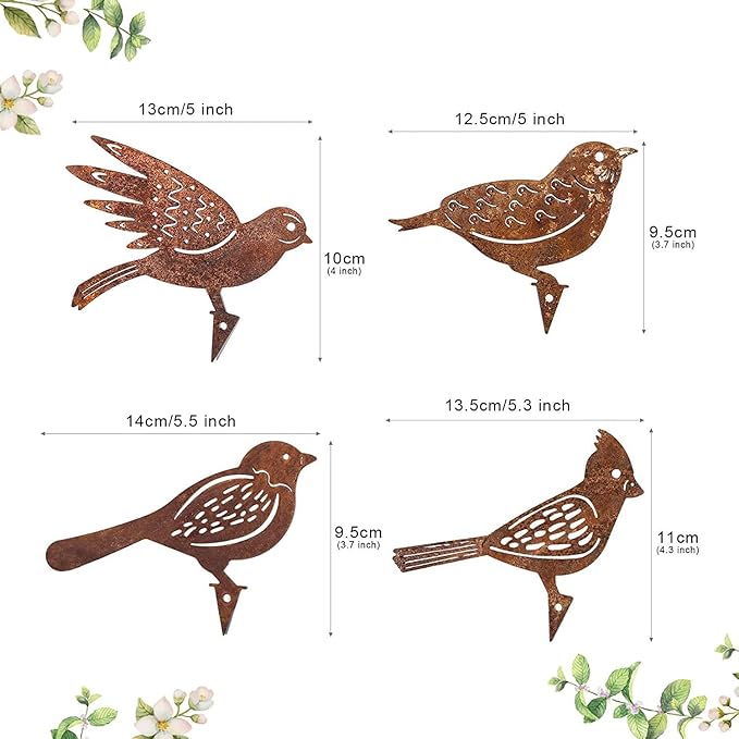 Garden Stake Rust Decoration - Set of 4 Patina Metal Bird Stake Garden Decorations with Screw Thread, Perfect for Garden, Patio, Balcony, and Fence Ornaments