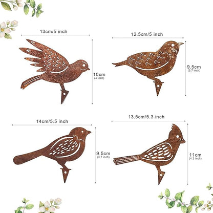 Garden Stake Rust Decoration - Set of 4 Patina Metal Bird Stake Garden Decorations with Screw Thread, Perfect for Garden, Patio, Balcony, and Fence Ornaments