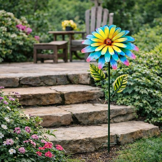 Glitzhome Metal Flower Yard Stake, 41 Inch Hand Painted Garden Flower with Blue Yellow Petals, Iron Garden Yard Spring Decor for Lawn Landscape