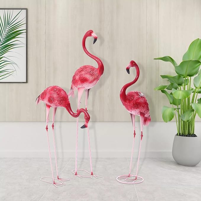 3 Pack Flamingo Ornament,Flamingo Garden Statues and Sculptures,Metal Birds Yard Art Outdoor Statue, Red Pink Flamingo Lawn Ornaments for Home, Patio, Backyard Decor