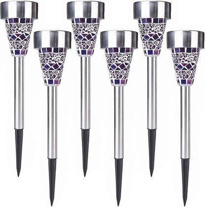 6-Pack Solar Mosaic Border Lawn Garden Lights, LED Mosaic Stake Lights Pathway Landscape Lighting for Patio Walkway Driveway Outdoor Christmas Garden Home Decoration (Purple)