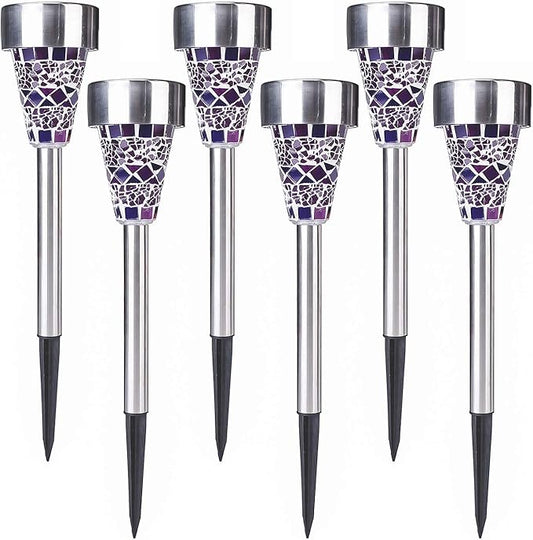 6-Pack Solar Mosaic Border Lawn Garden Lights, LED Mosaic Stake Lights Pathway Landscape Lighting for Patio Walkway Driveway Outdoor Christmas Garden Home Decoration (Purple)