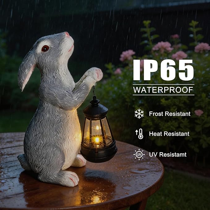 Solar Rabbit Garden Statue with Glowing Lantern - Weatherproof Resin Outdoor Decor for Yard, Patio, Lawn & Balcony, Unique Housewarming, Easter & Birthday Gift for Women, Mom, Grandma