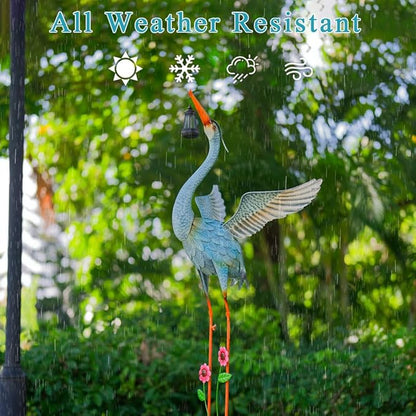 Crane Garden Statue with Solar Lantern, Large Blue Heron Outdoor Staue Garden Decor, Metal Crane Sculpture Yard Art Decor for Lawn, Backyard, Porch